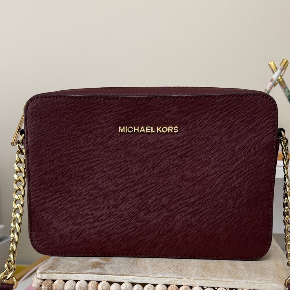 Michael Kors Wine Saffiano Leather Crossbody with Gold Chain